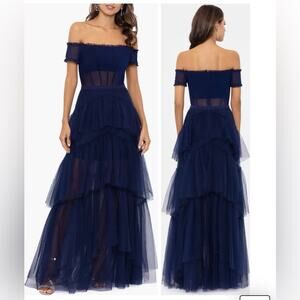 Betsy & Adam Ruffle Off the Shoulder Tiered Ballgown